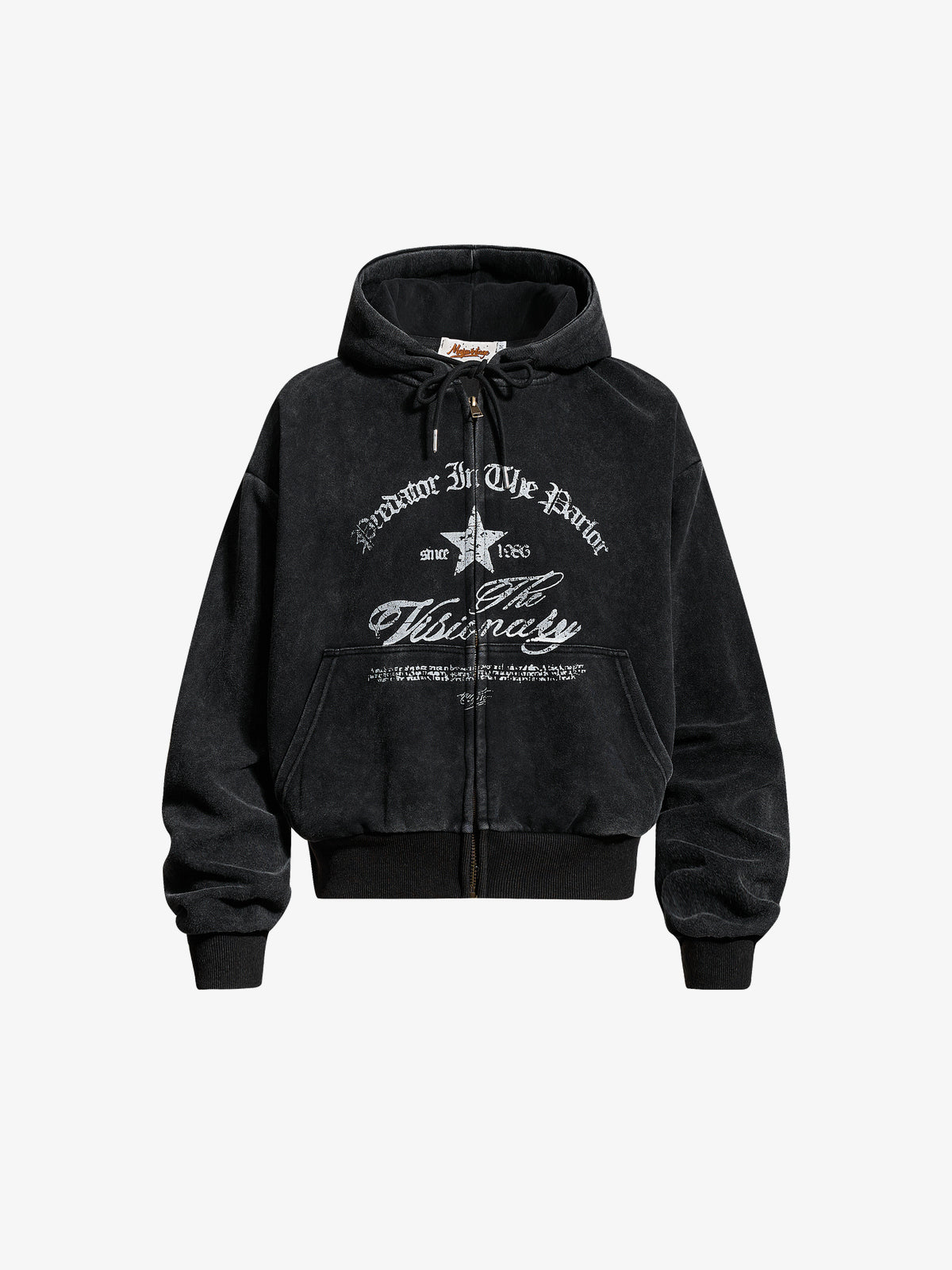 INSERROR MAFA | Ornate Script Zip Up Hoodie in Black - front view