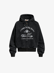 INSERROR MAFA | Ornate Script Zip Up Hoodie in Black - front view