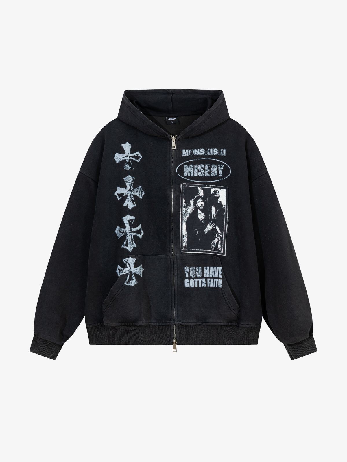 LAYFU HOME | Cross Patch Zip Up Hoodie in Washed Black - front view