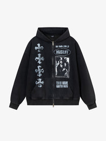 LAYFU HOME | Cross Patch Zip Up Hoodie in Washed Black - front view