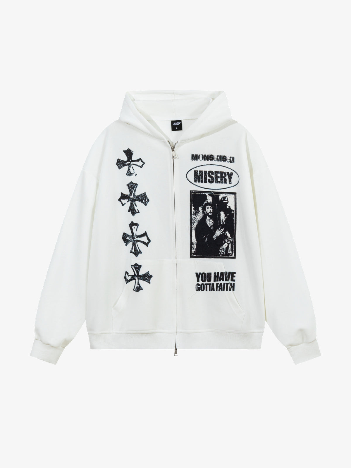 LAYFU HOME | Cross Patch Zip Up Hoodie in White - front view
