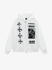 LAYFU HOME | Cross Patch Zip Up Hoodie in White - front view