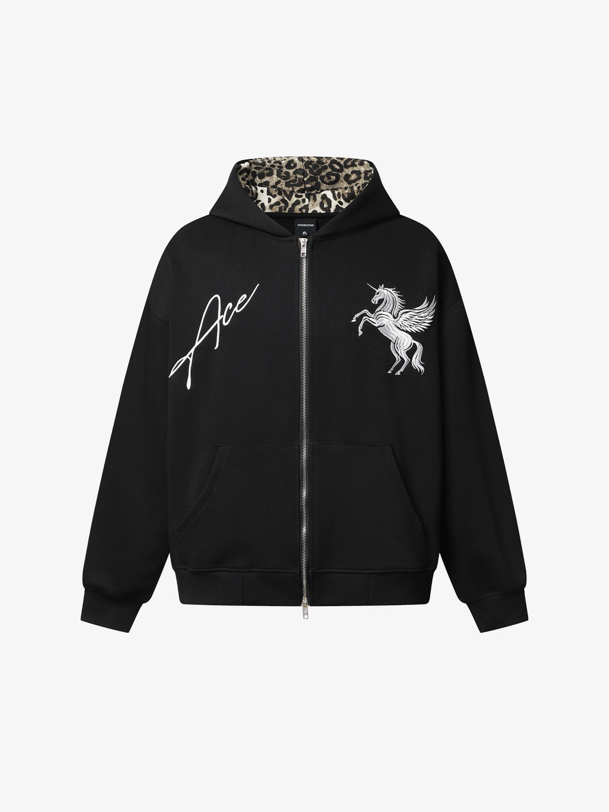 MADEGPSR | Pegasus Embroidery Zip Up Hoodie in Black - front view