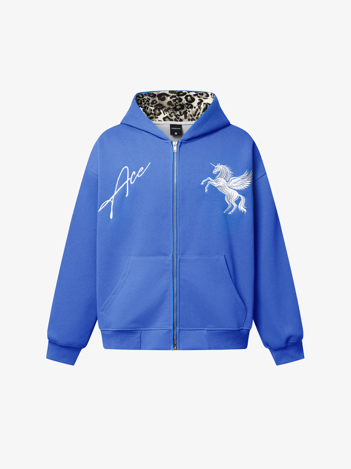 MADEGPSR | Pegasus Embroidery Zip Up Hoodie in Blue - front view