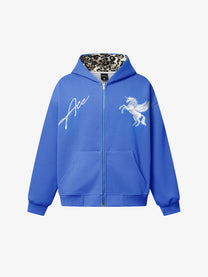 MADEGPSR | Pegasus Embroidery Zip Up Hoodie in Blue - front view