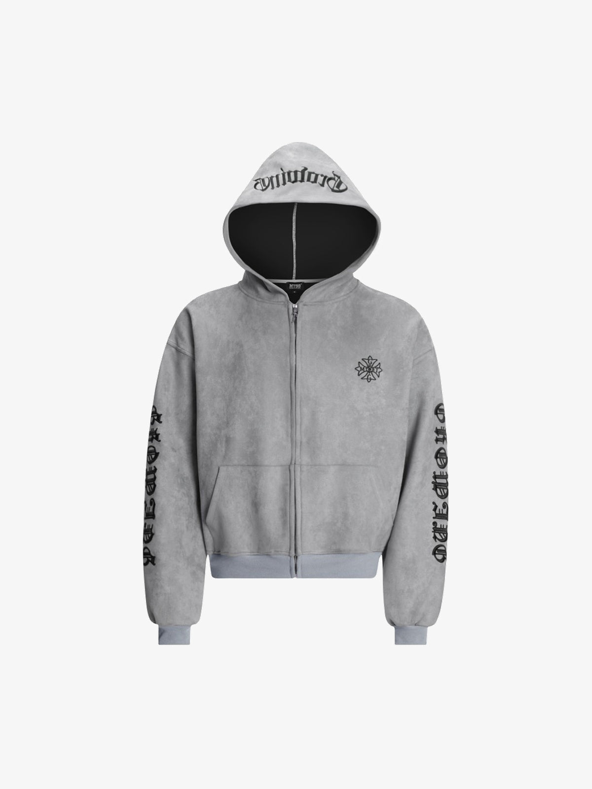 MT99 | Hood Lettering Zip Up Hoodie in Grey - front view