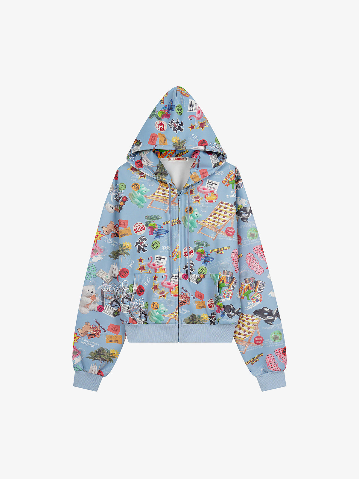 MERSHIER | Toy Collage Zip Up Hoodie in Blue - front view