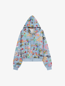 MERSHIER | Toy Collage Zip Up Hoodie in Blue - front view