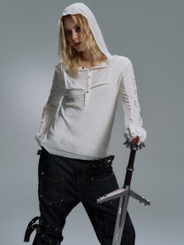 PAIKI | Snap Placket Panel Hoodie in Beige - model view