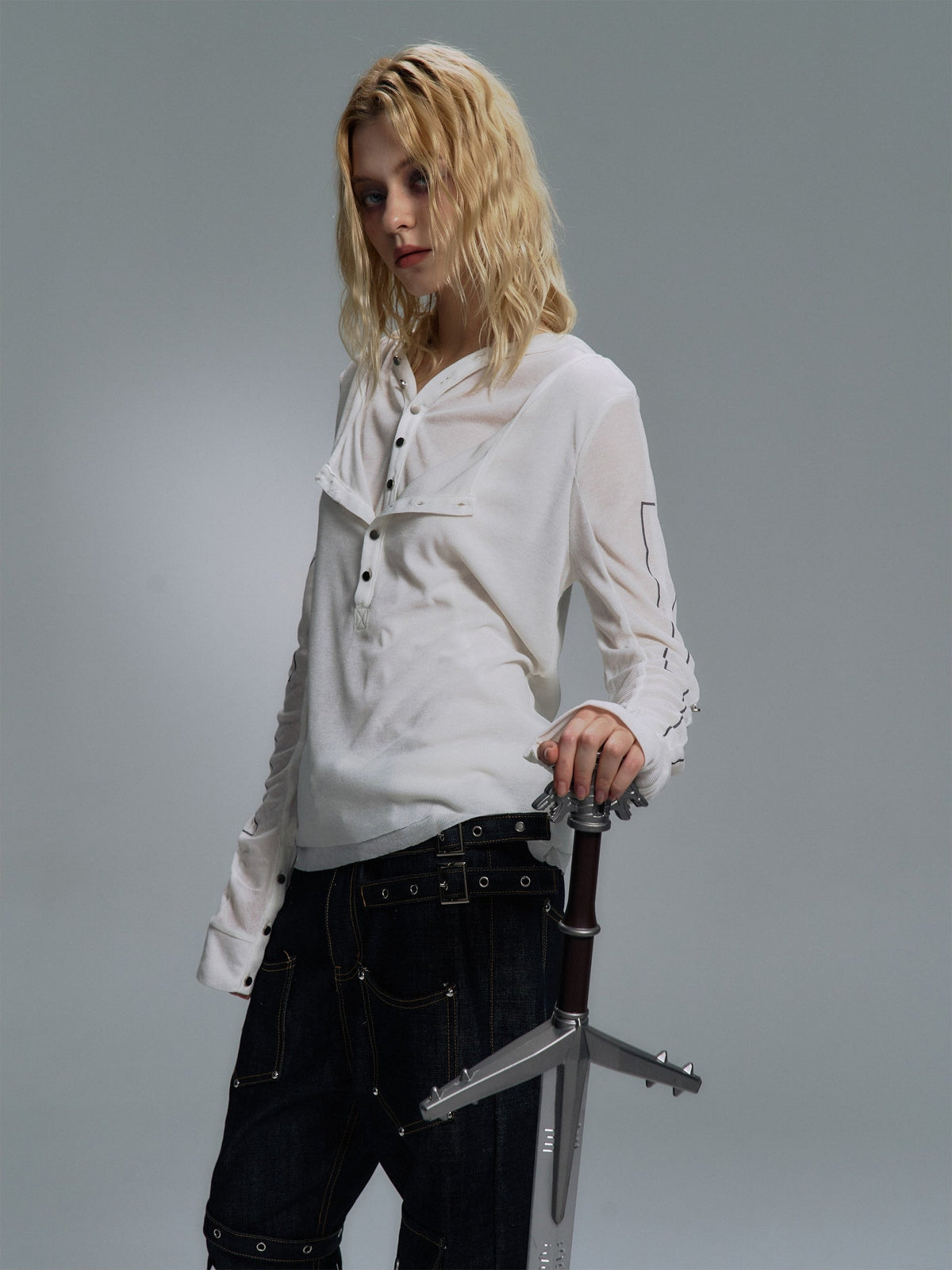 PAIKI | Snap Placket Panel Hoodie in Beige - model view