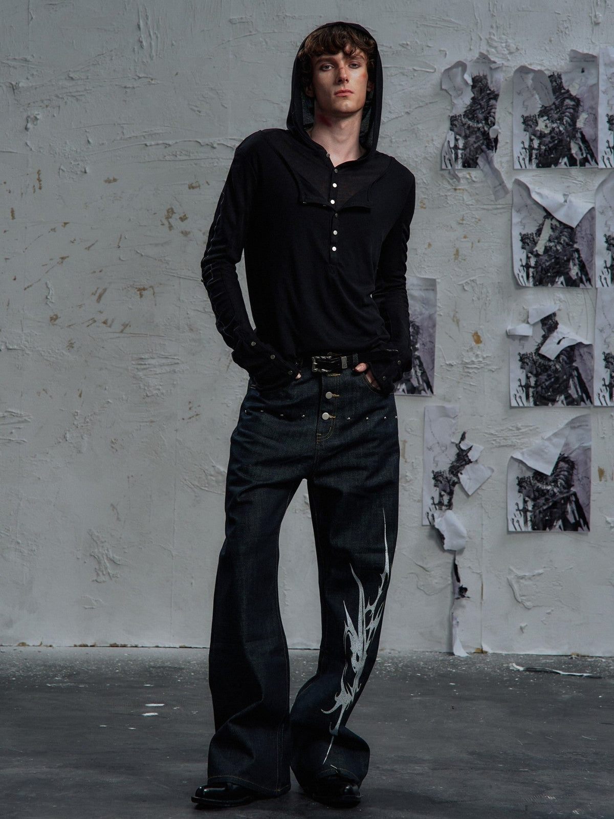 PAIKI | Snap Placket Panel Hoodie in Black - model view