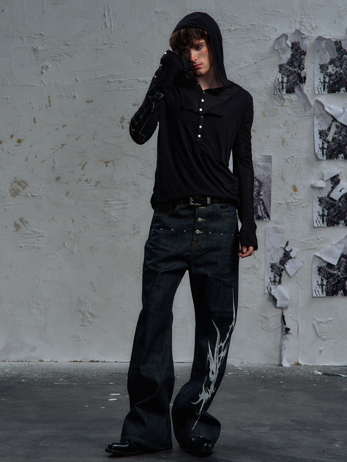 PAIKI | Snap Placket Panel Hoodie in Black - model view