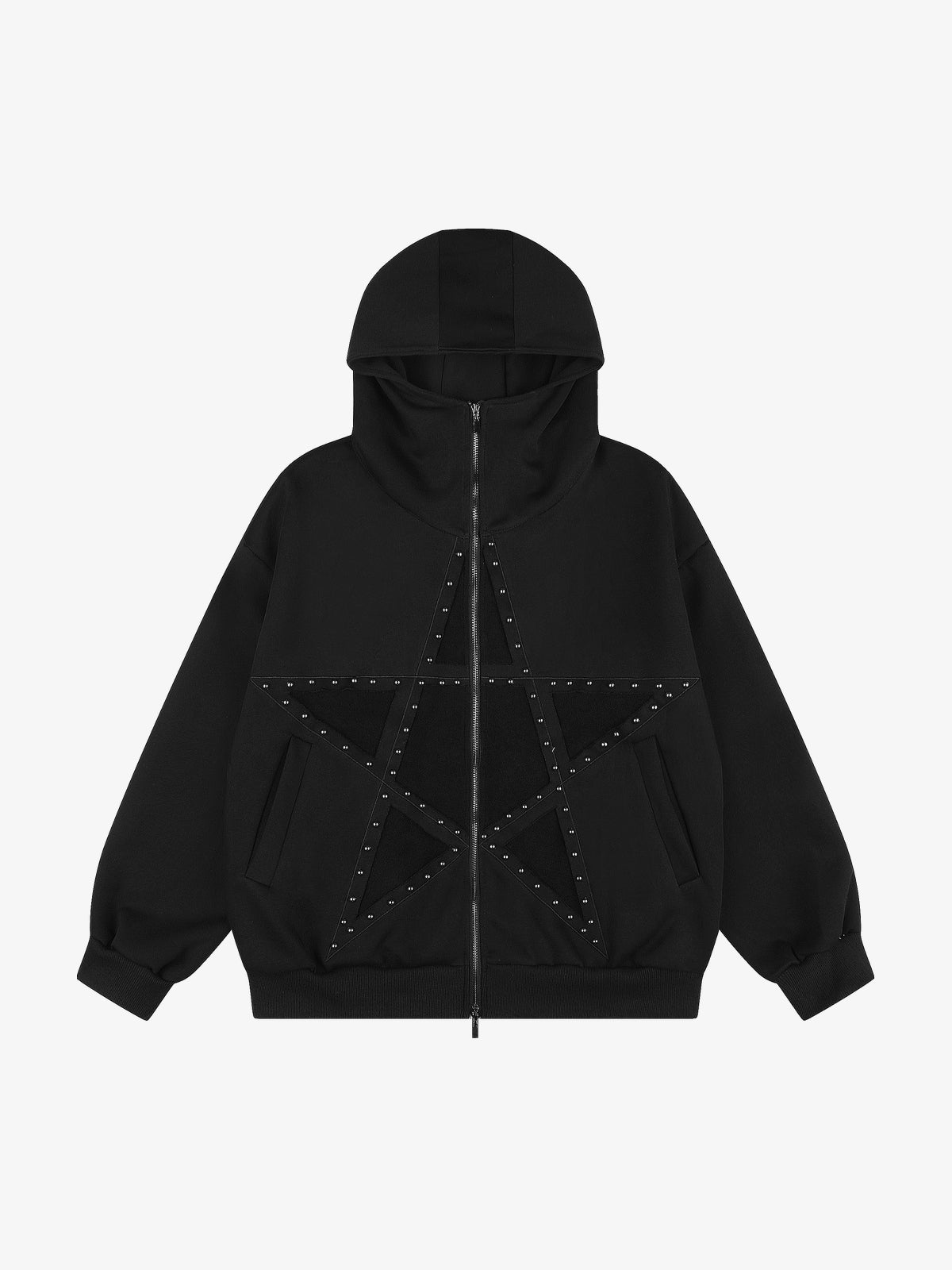 SEVEERS | Studded Star Zip Up Hoodie in Black - front view