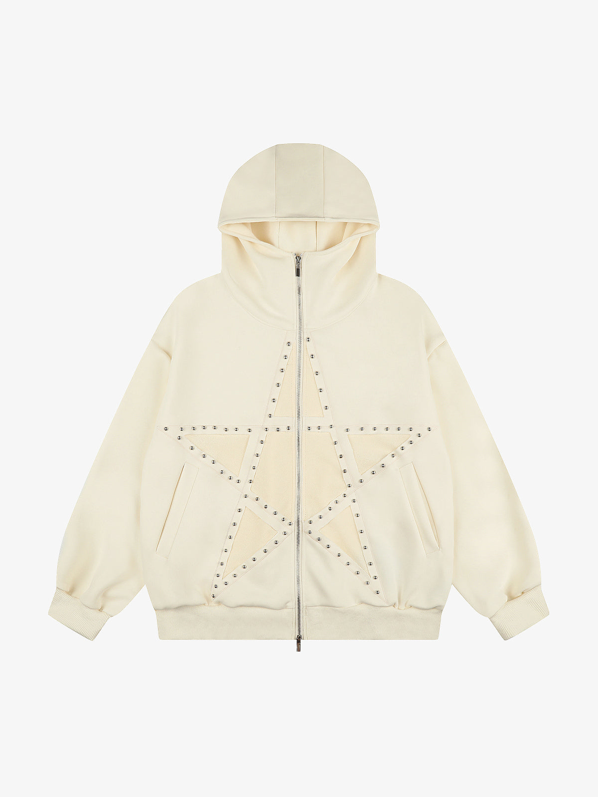 SEVEERS | Studded Star Zip Up Hoodie in Cream - front view