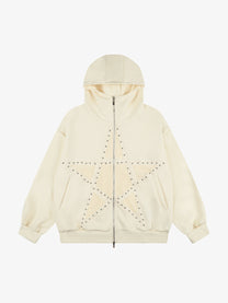 SEVEERS | Studded Star Zip Up Hoodie in Cream - front view