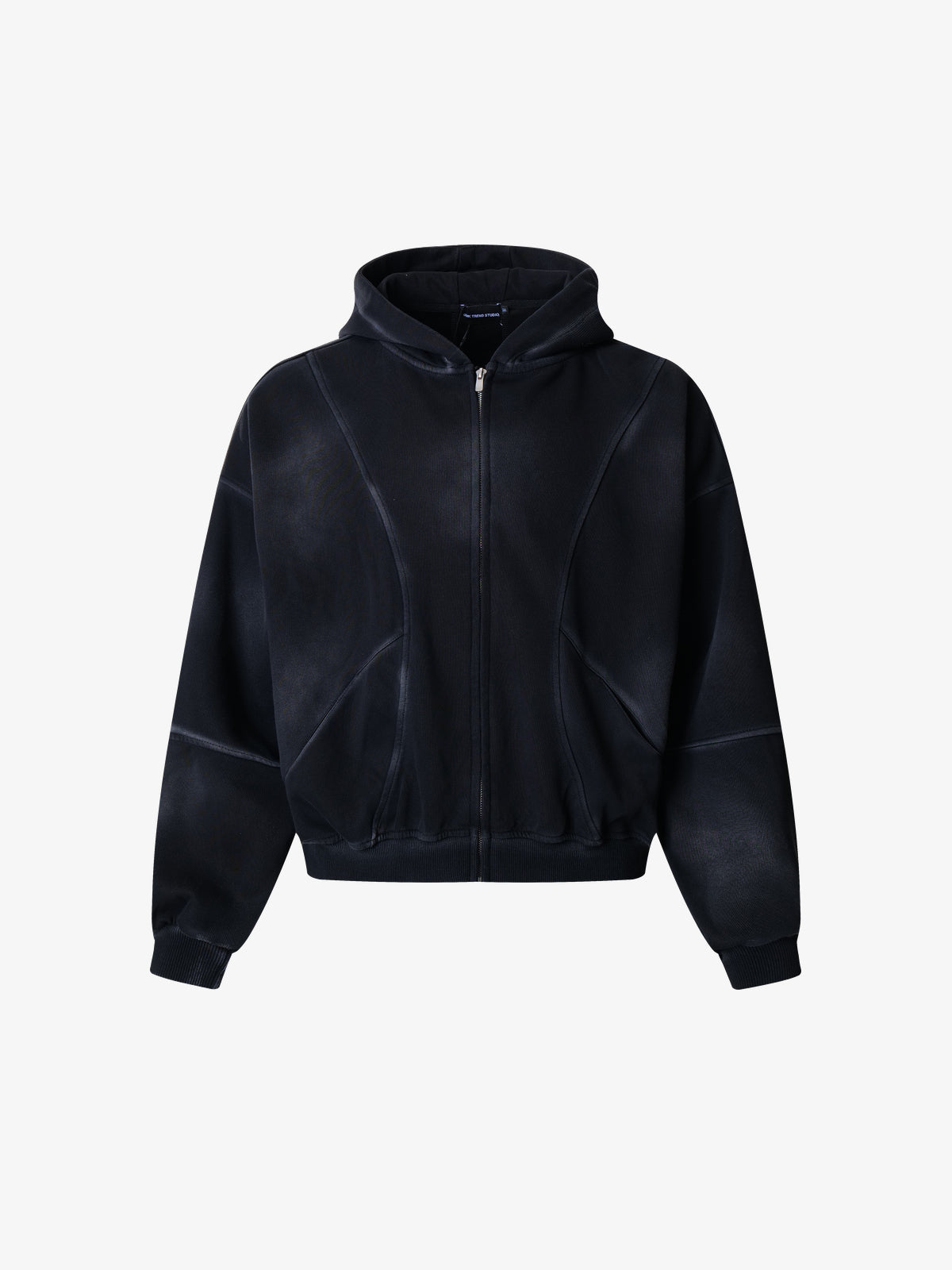 SMK MADE | Curved Panel Zip Up Hoodie in Black - front view