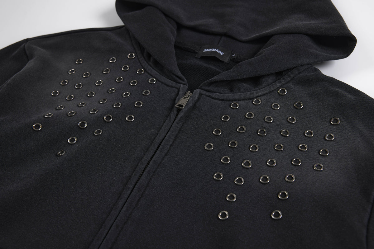 SMK MADE | Eyelet Cross Zip Up Hoodie - product detail