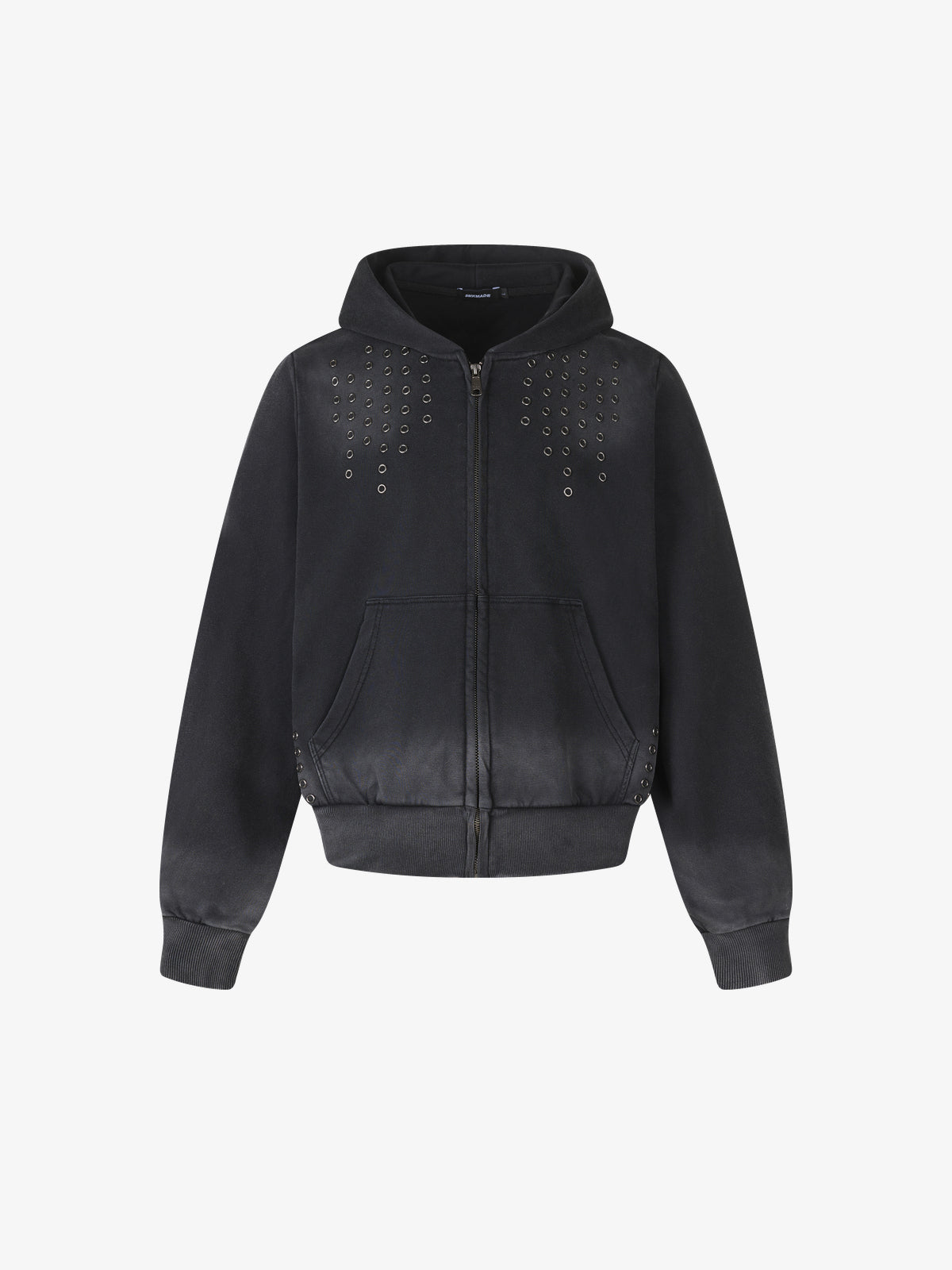 SMK MADE | Eyelet Cross Zip Up Hoodie in Black - front view