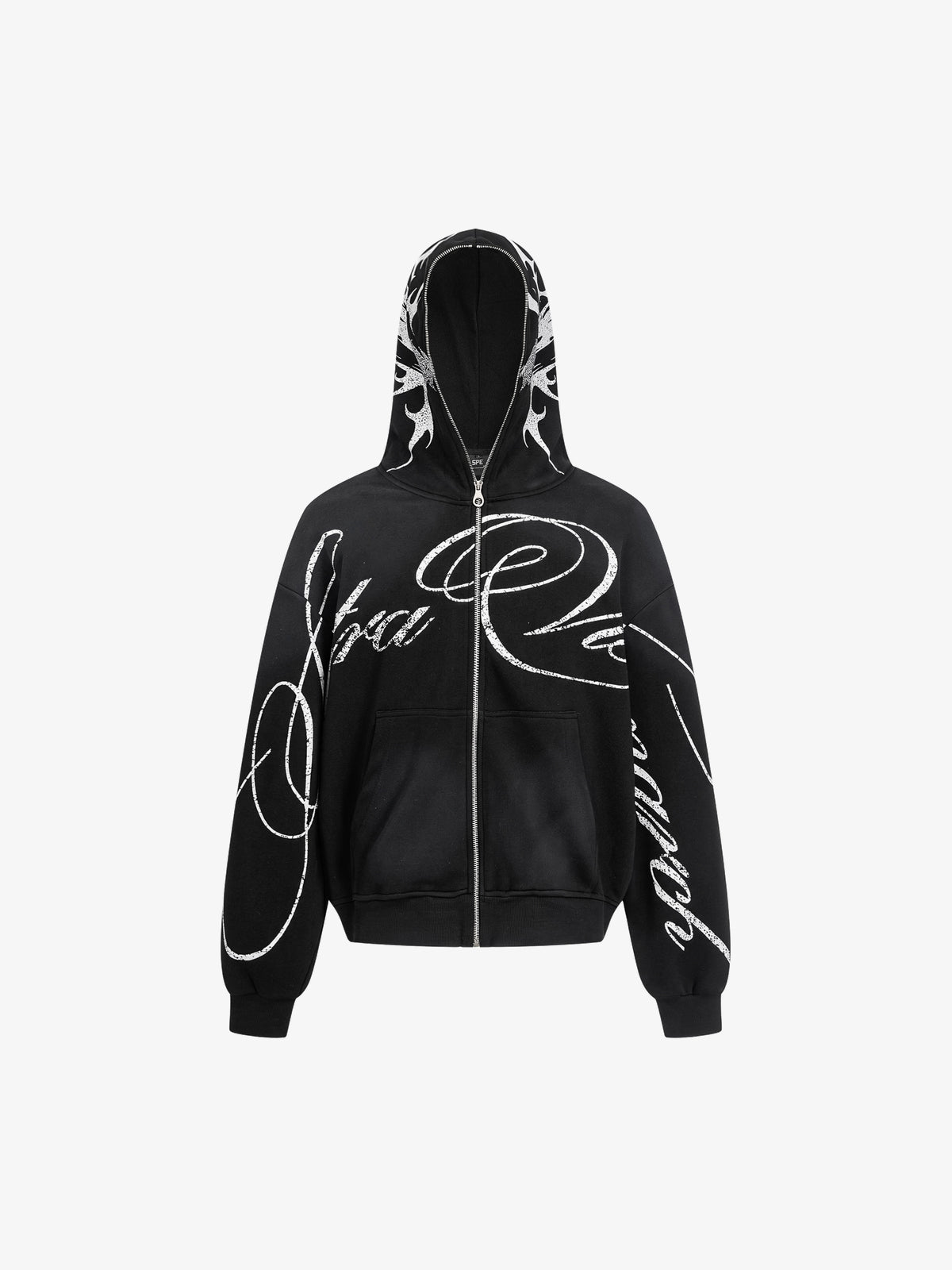 SPECTRA VISION | Wraparound Script Zip Up Hoodie in Black - front view