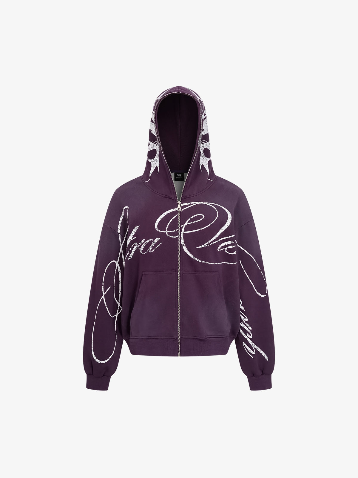 SPECTRA VISION | Wraparound Script Zip Up Hoodie in Purple - front view