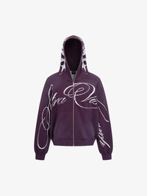 SPECTRA VISION | Wraparound Script Zip Up Hoodie in Purple - front view