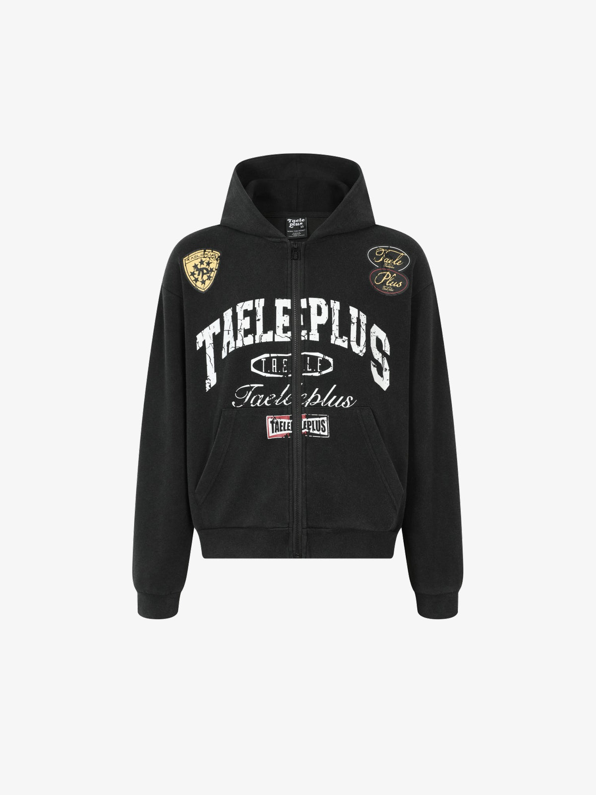 TAELE PLUS | Collegiate Crest Zip Up Hoodie in Black - front view