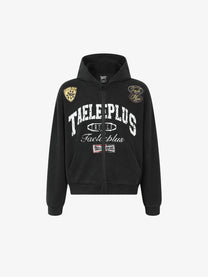 TAELE PLUS | Collegiate Crest Zip Up Hoodie in Black - front view