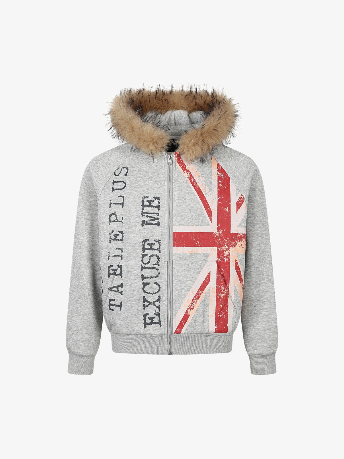 TAELE PLUS | Union Jack Zip Up Hoodie in Gray - front view
