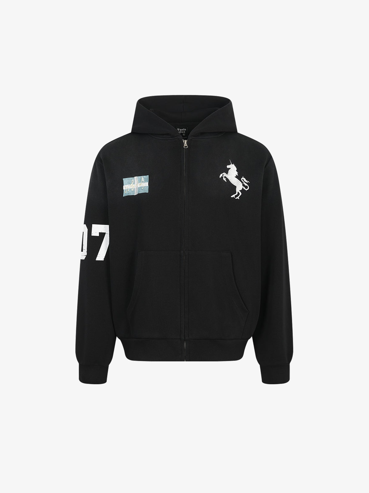 TAELE PLUS | Pegasus 77 Zip Up Hoodie in Black - front view