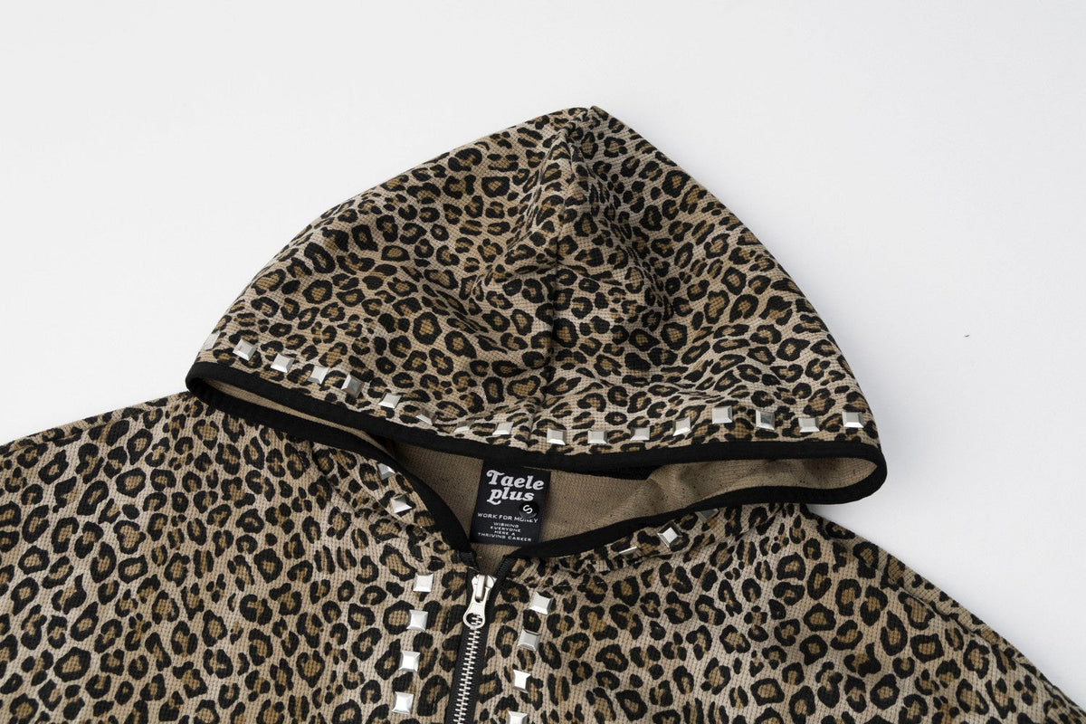 TAELE PLUS | Studded Leopard Zip Up Hoodie - product detail
