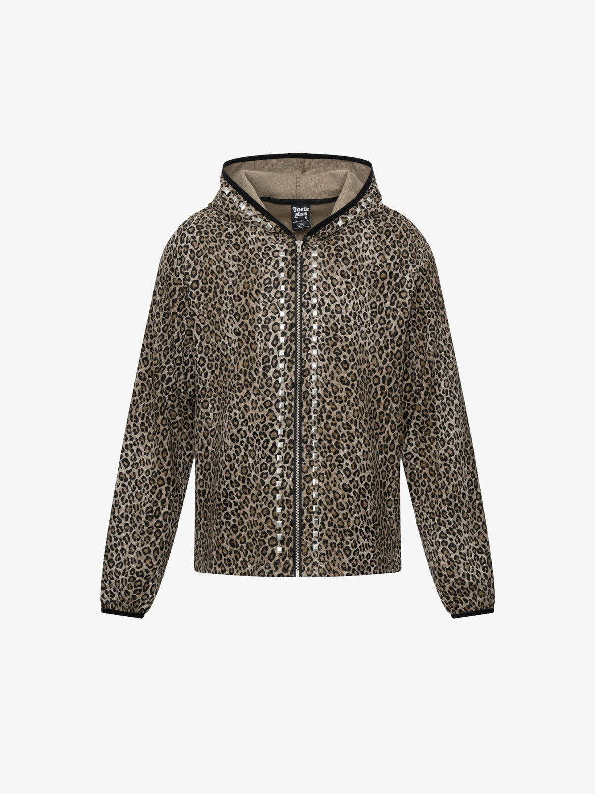 TAELE PLUS | Studded Leopard Zip Up Hoodie in Leopard - front view