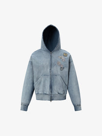 TRYTHM CLUB | Badge Cluster Zip Up Hoodie in Blue - front view