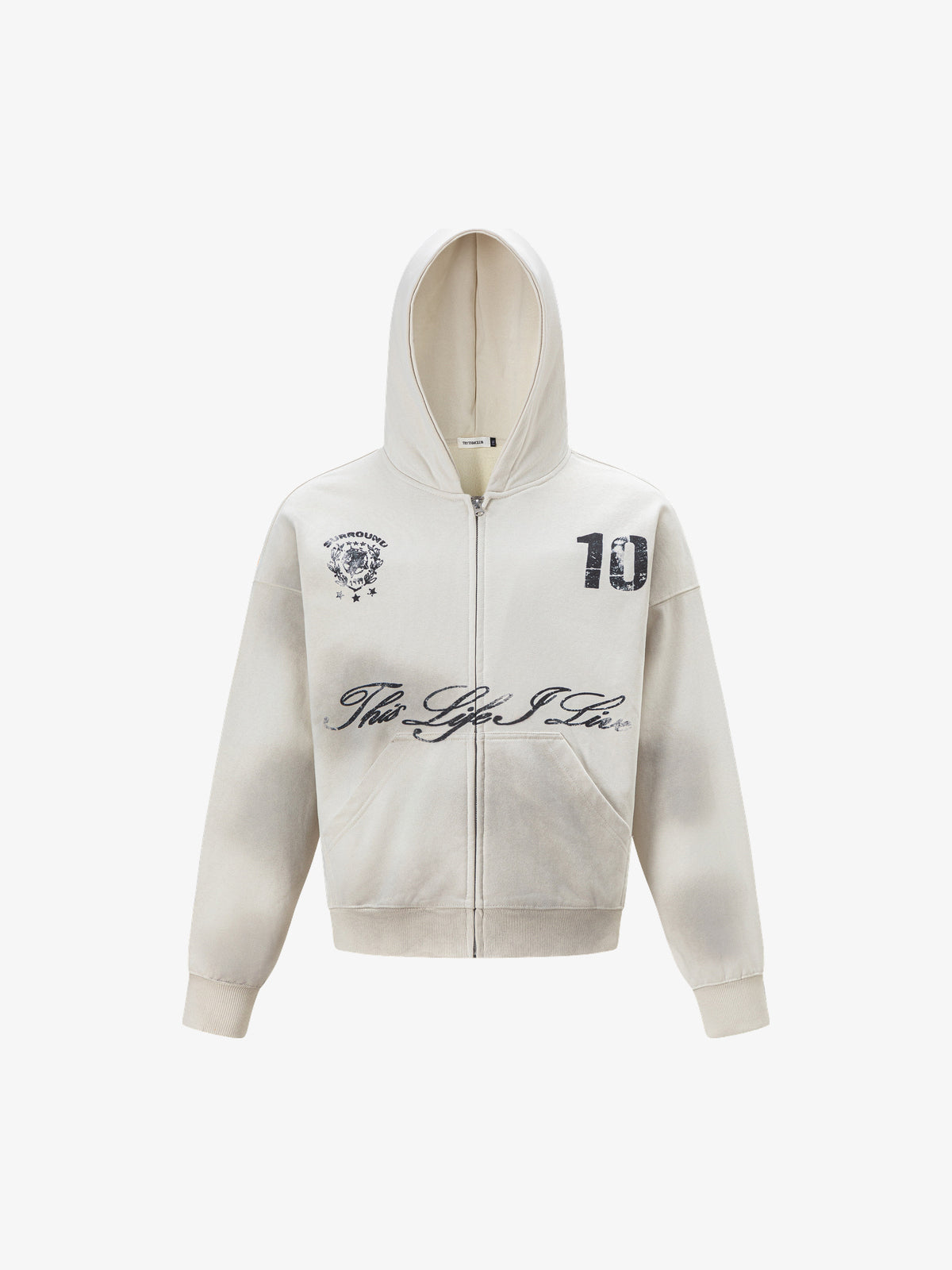 TRYTHM CLUB | Number 10 Zip Up Hoodie in Cream - front view