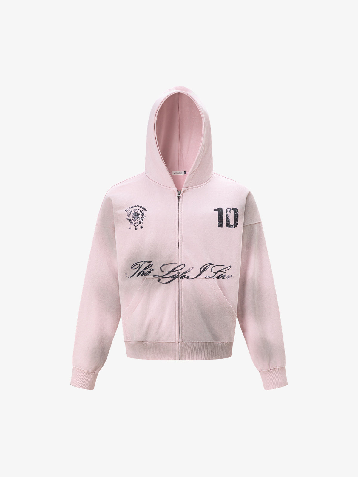 TRYTHM CLUB | Number 10 Zip Up Hoodie in Pink - front view
