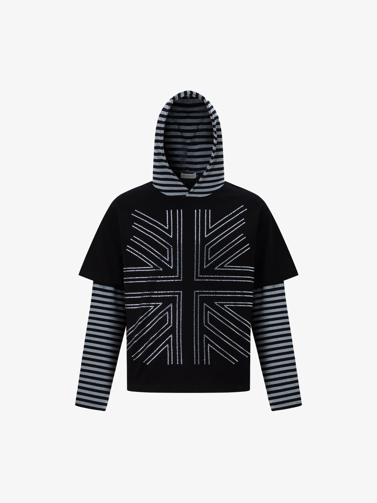 TRYTHM CLUB | Striped Union Jack Layered Hoodie in Black - front view