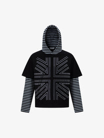 TRYTHM CLUB | Striped Union Jack Layered Hoodie in Black - front view