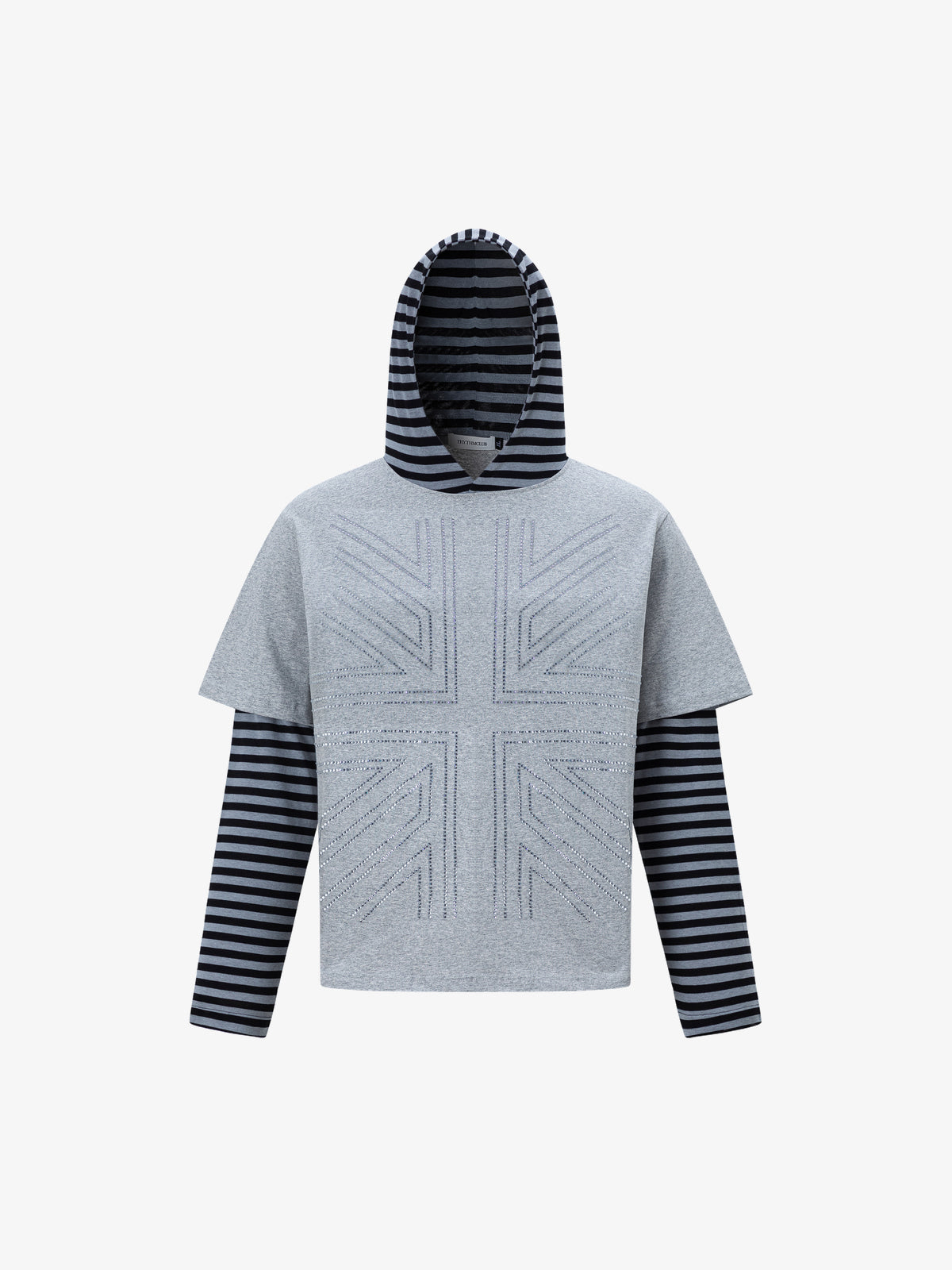 TRYTHM CLUB | Striped Union Jack Layered Hoodie in Gray - front view