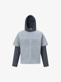 TRYTHM CLUB | Striped Union Jack Layered Hoodie in Gray - front view