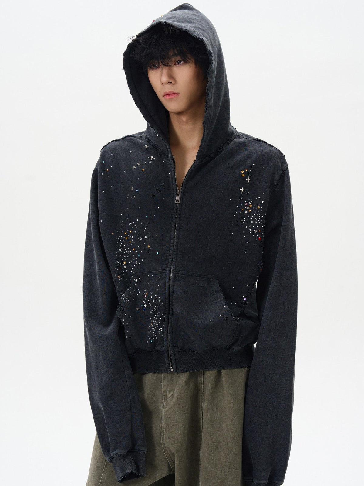 UN KNOWN | Rhinestone Scatter Zip Up Hoodie in Black - model view