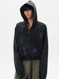 UN KNOWN | Rhinestone Scatter Zip Up Hoodie in Black - model view
