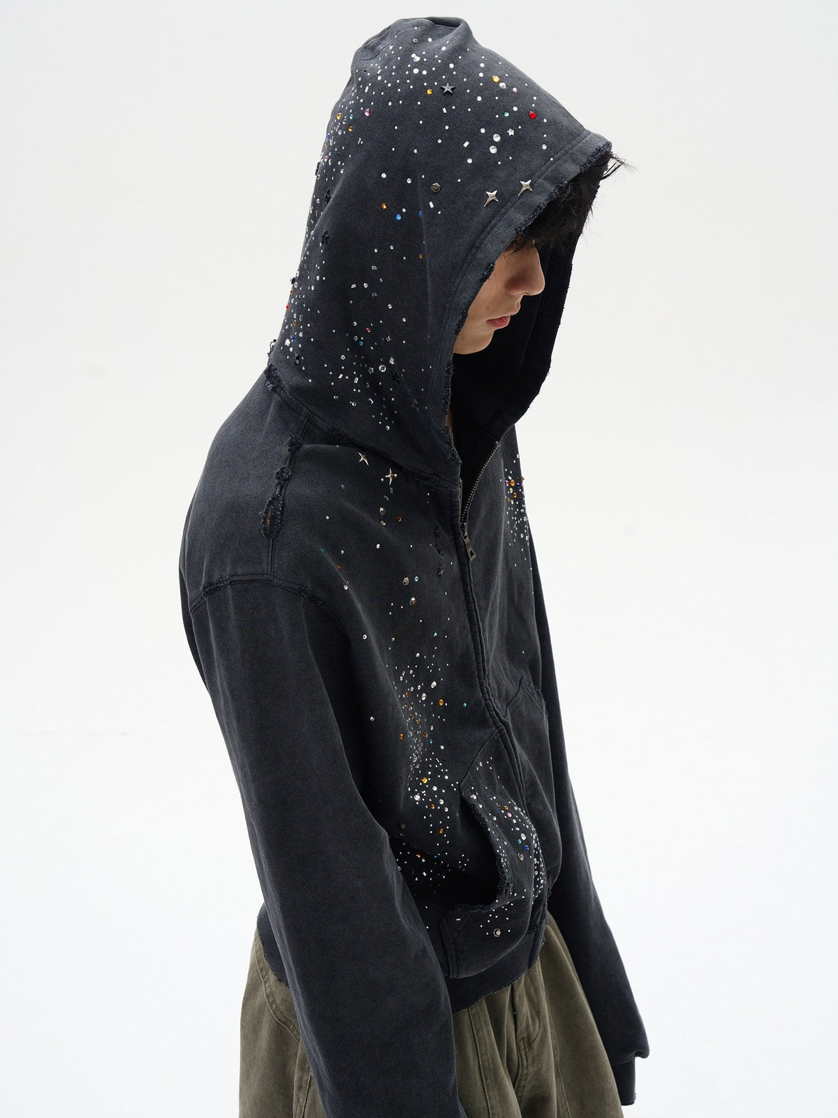 UN KNOWN | Rhinestone Scatter Zip Up Hoodie in Black - model view