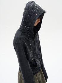 UN KNOWN | Rhinestone Scatter Zip Up Hoodie in Black - model view