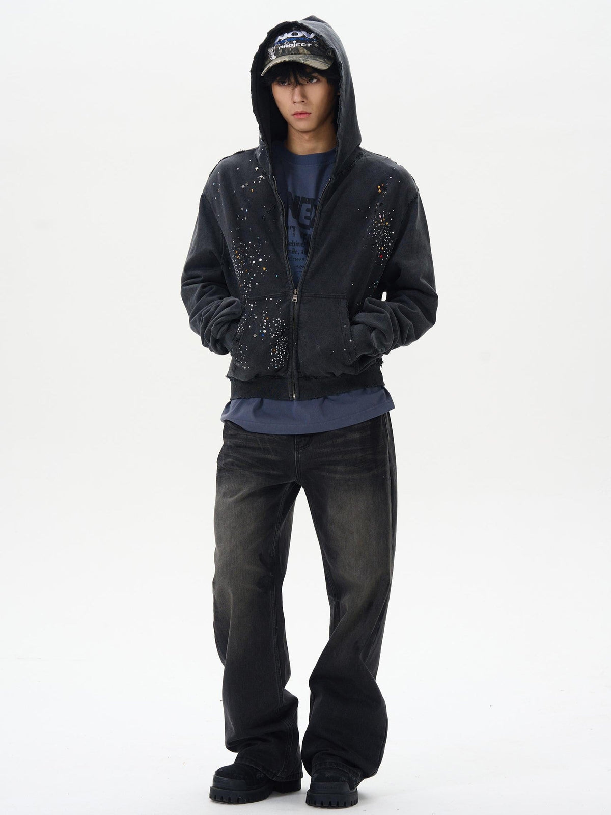 UN KNOWN | Rhinestone Scatter Zip Up Hoodie in Black - model view