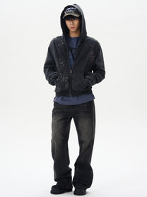 UN KNOWN | Rhinestone Scatter Zip Up Hoodie in Black - model view