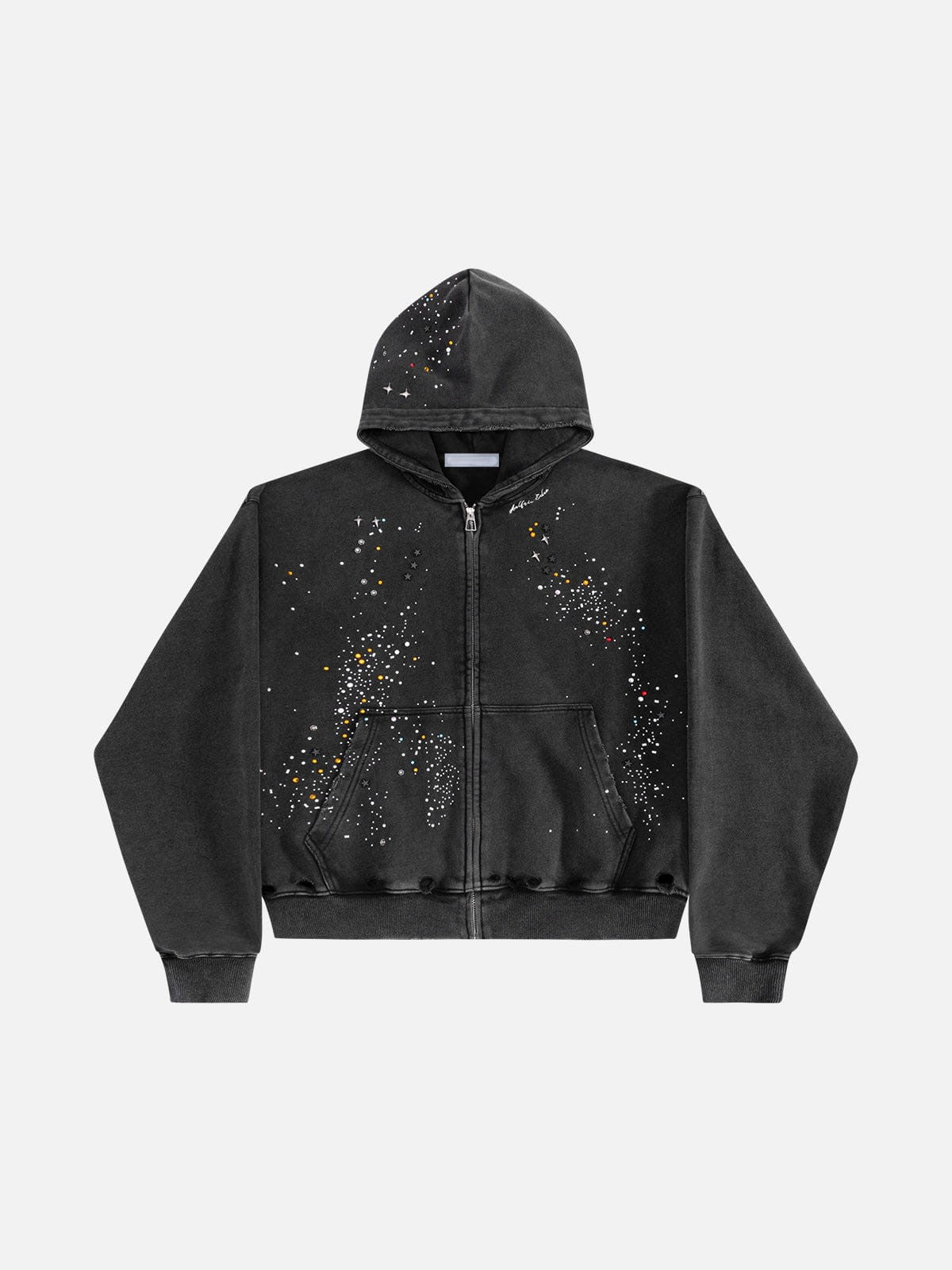 UN KNOWN | Rhinestone Scatter Zip Up Hoodie in Black - front view