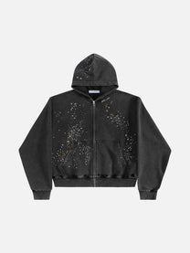UN KNOWN | Rhinestone Scatter Zip Up Hoodie in Black - front view