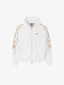UNUSUAL ORIGINAL | Ornamental Embroidery Zip Up Hoodie in White - front view