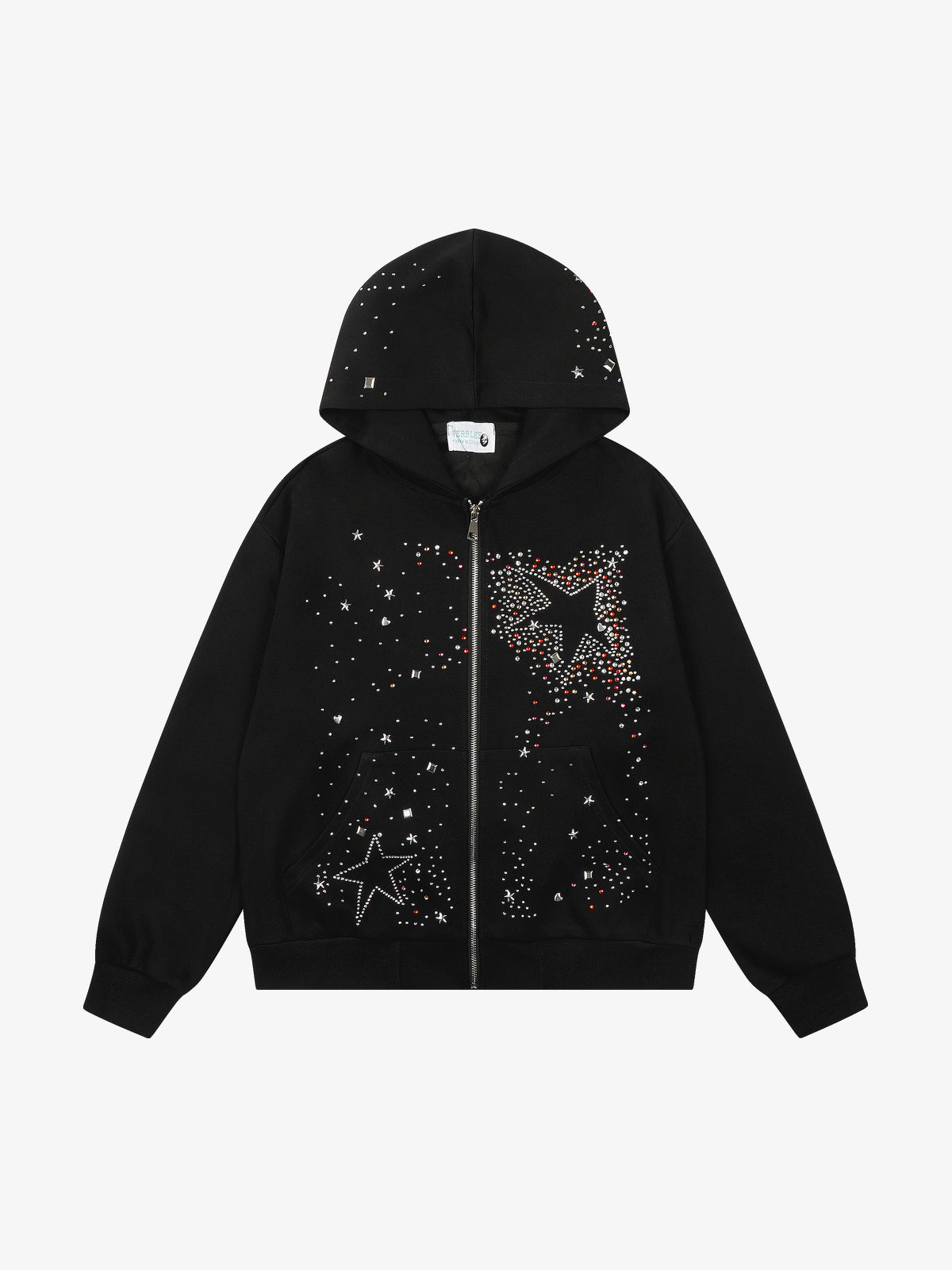 VERBLEE | Rhinestone Star Zip Up Hoodie in Black - front view