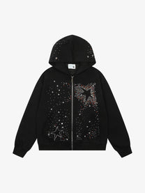 VERBLEE | Rhinestone Star Zip Up Hoodie in Black - front view