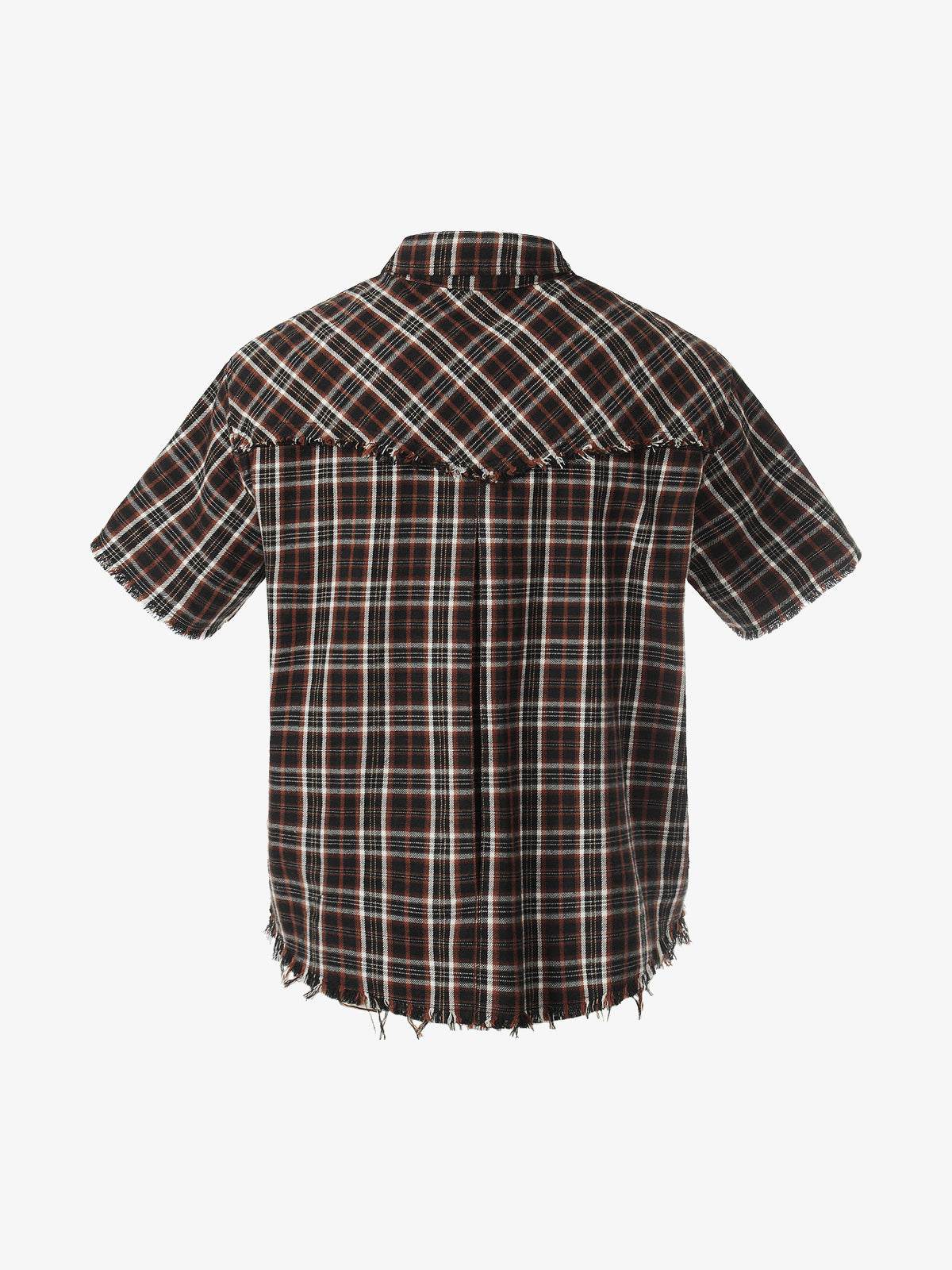 BLACK ENERGY | Studded Frayed Plaid Shirt in Brown - back view